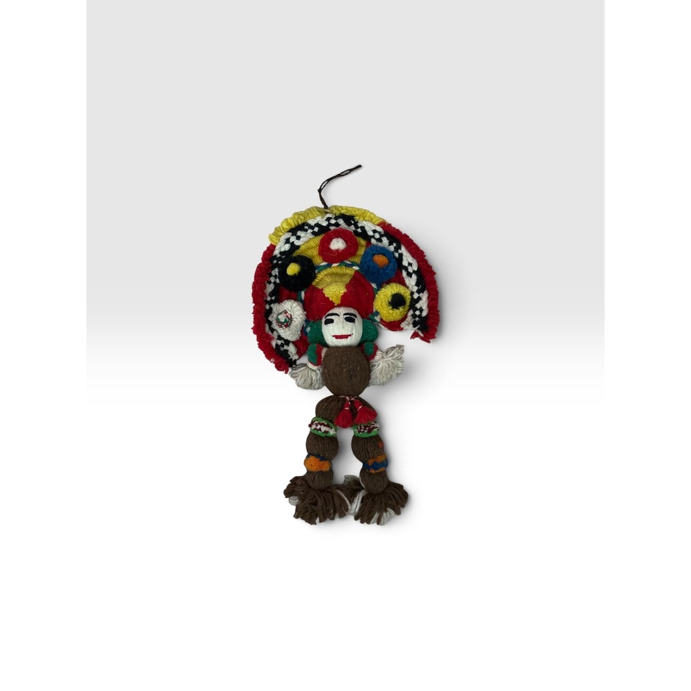 Vintage Handmade Yarn Doll Wall Hanging Folk Art Large Headdress Multicolor 18"